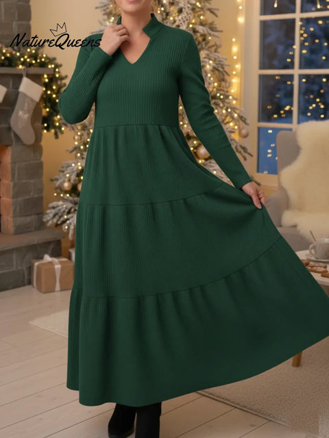 Women's Elegant V-Neck Multi-Layered Hem Knitted Dress