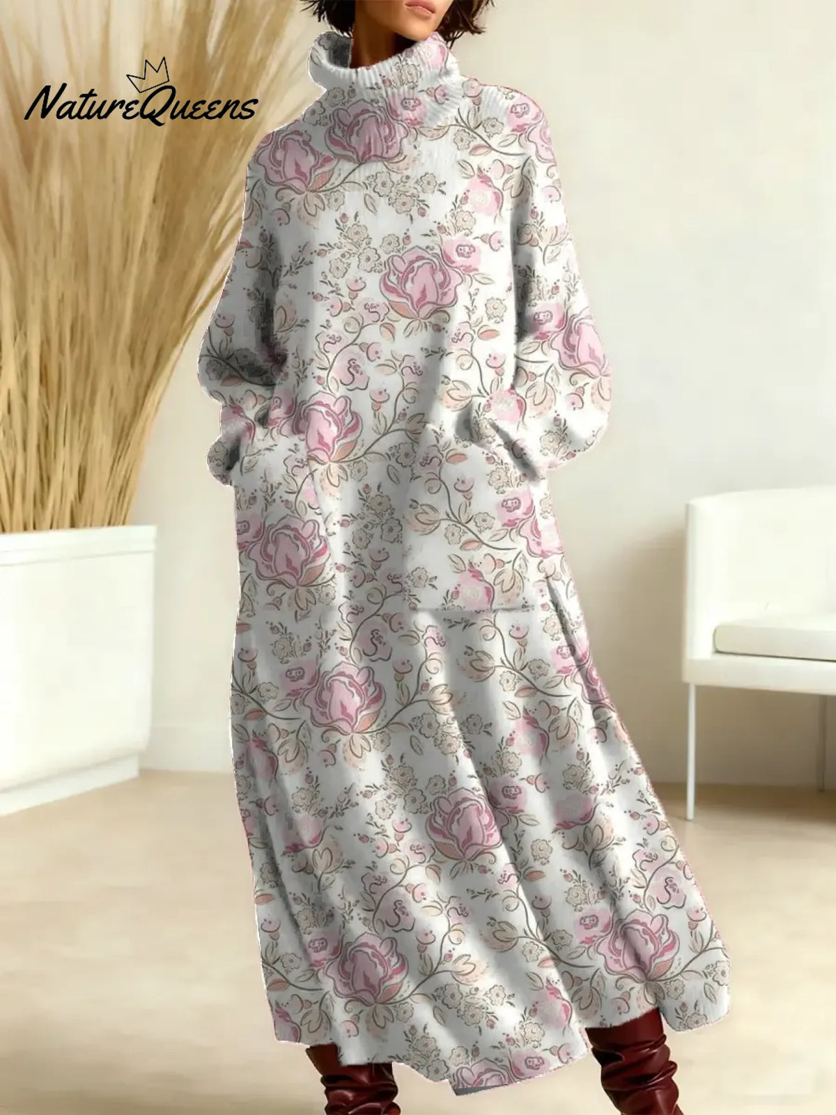 Women's Vintage Flower Art Print Casual Cotton Knitted Dress