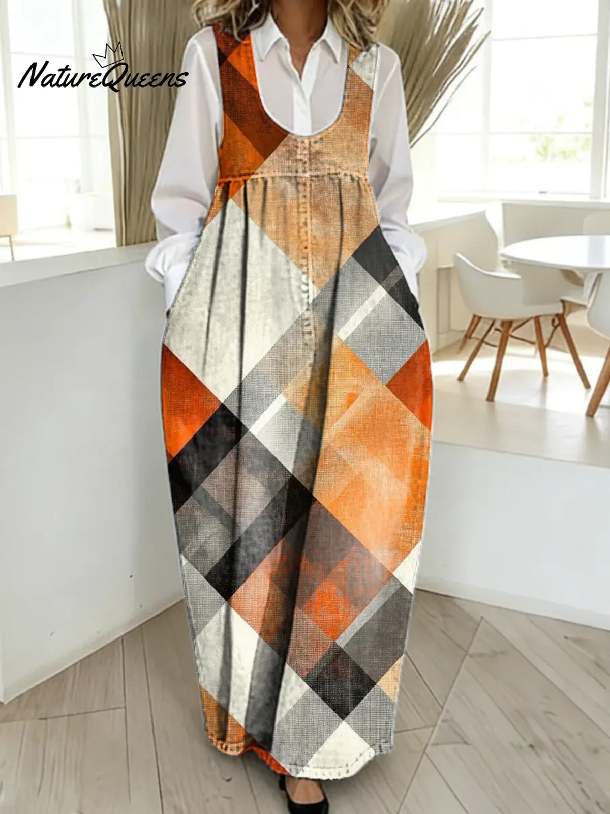 Women's Abstract Geometric Pattern Art Print Casual Cotton Denim Dress