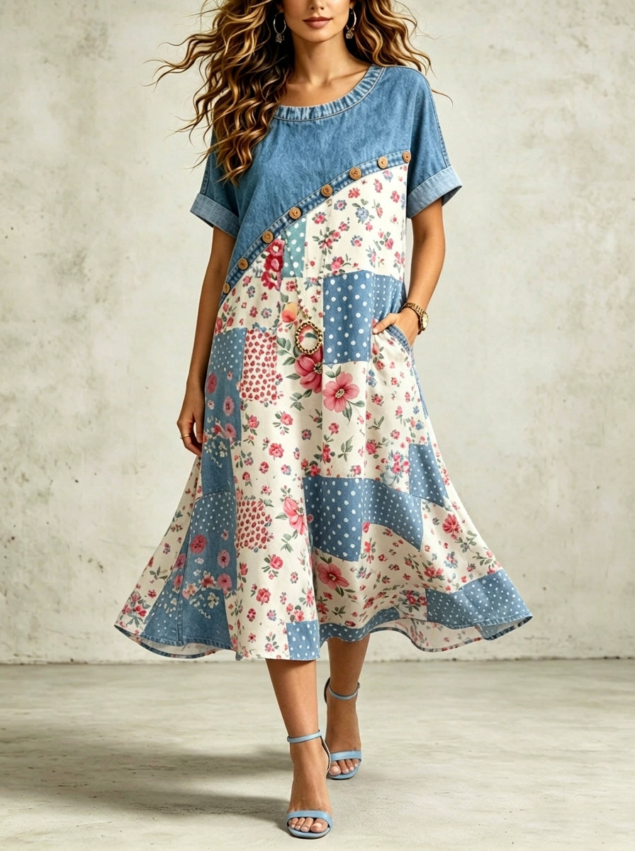Vestido largo vaporoso de manga corta con estampado de patchwork vaquero para mujer