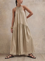 Summer Relaxed Fit HalterMaxi Dress, Oversized Linen Blend Sleeveless Swing Long Dress for Vacation Daily Wear