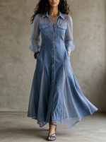 Women's Elegant Summer Longsleeve Flowy Denim Patchwork Mesh Maxi Dress