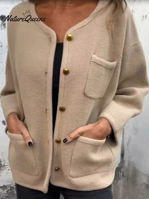 Women's Casual Round Neck Long-sleeved Wool Cardigan Coat