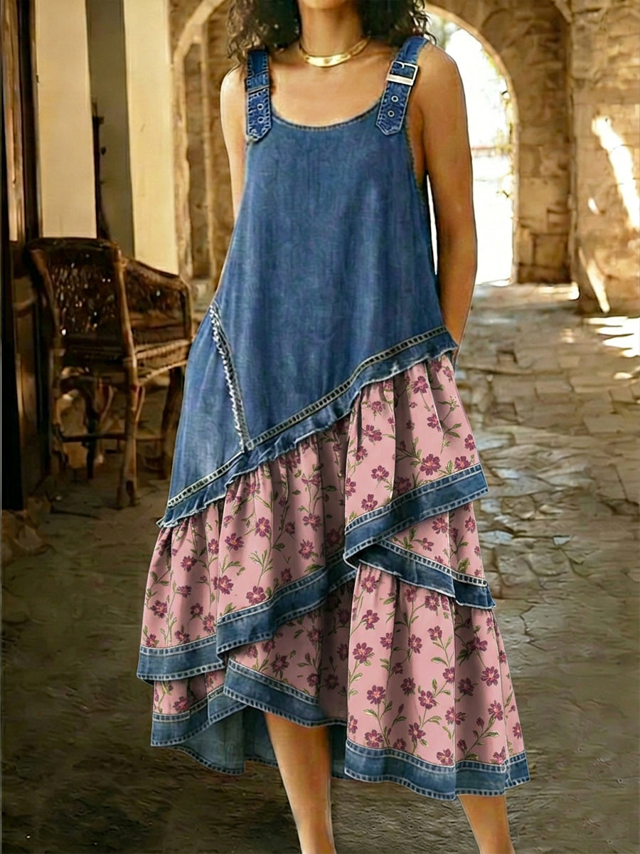 Casual Floral Patchwork Denim Dress With Adjustable Shoulder Straps