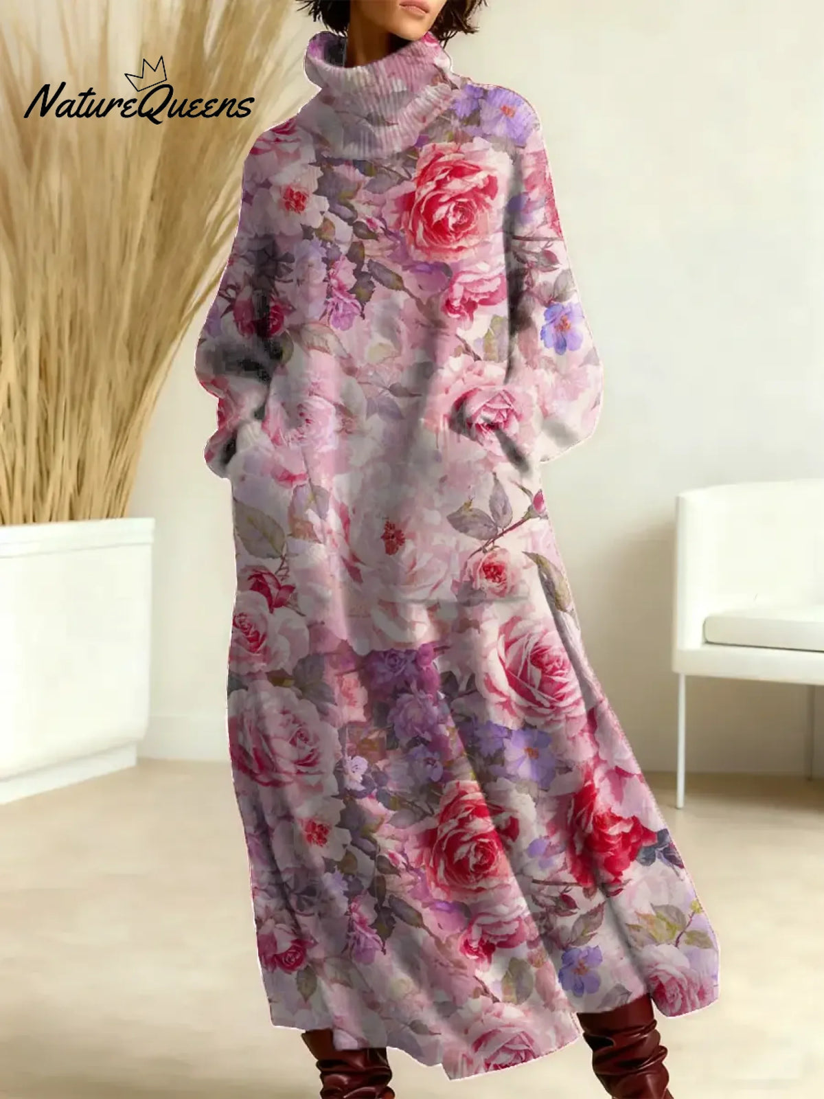 Women's Floral Pattern Art Print Casual Cotton Knitted Dress