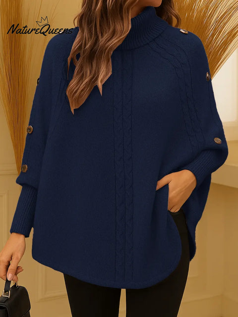 Women's Solid Color High-neck Casual Button-up Loose Knit Top
