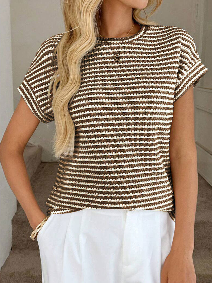 Women's Round Neck Pullover Two-tone Knit Short-sleeved Top