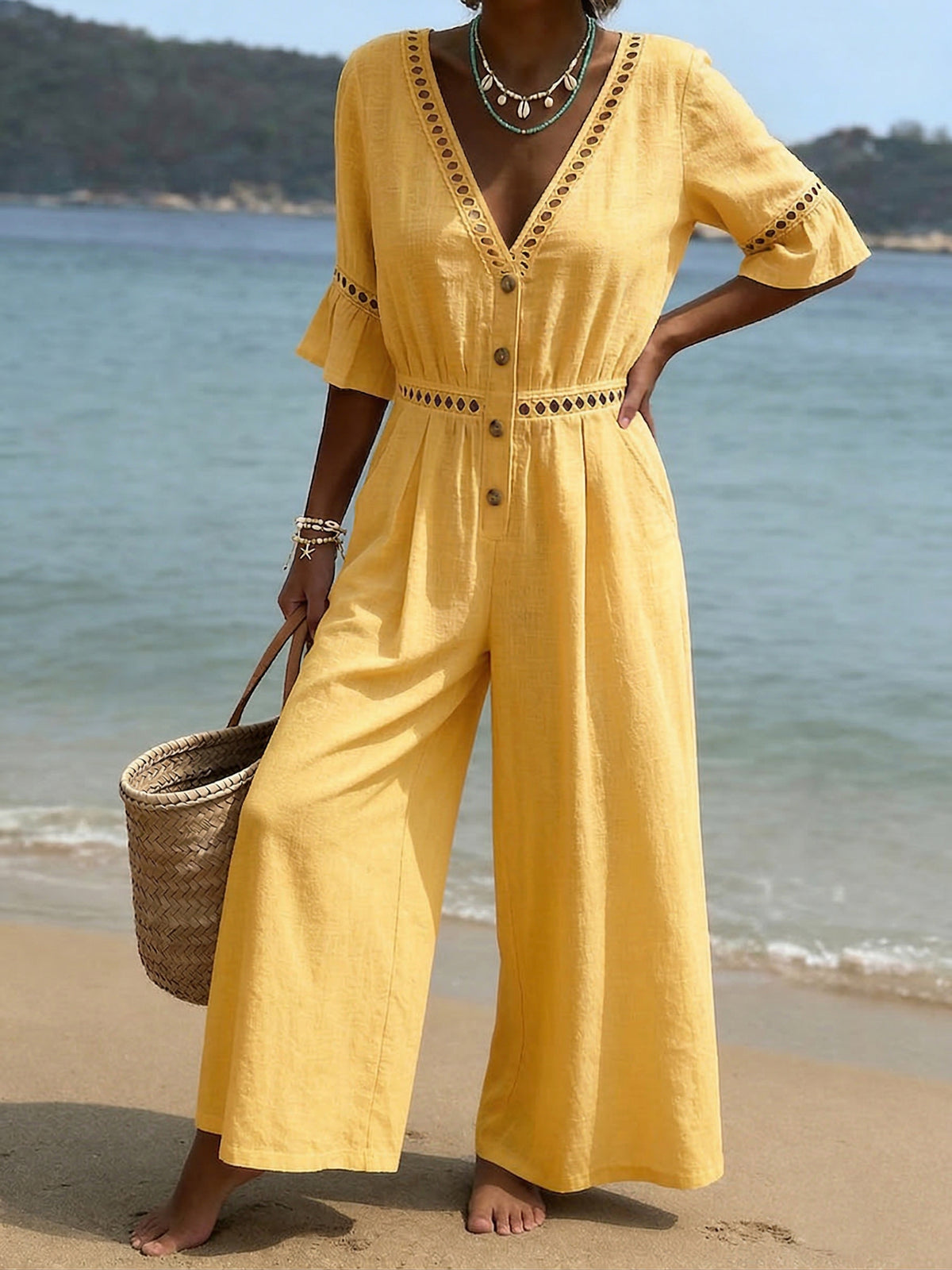 Casual Openwork Lace Loose-fit Wide-leg Cotton-linen Jumpsui