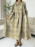 Vintage Classic Geometric Checkered Pattern Women's Casual Peter Pan Collar Long Sleeve Dress