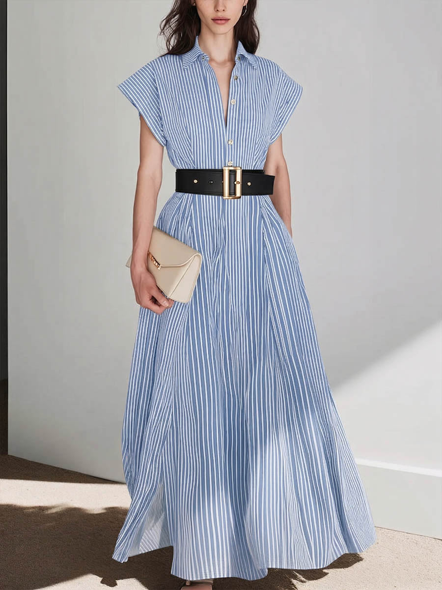 Women's Striped Print Shirt-collar Short-sleeve Casual Loose Cotton-linen Dress