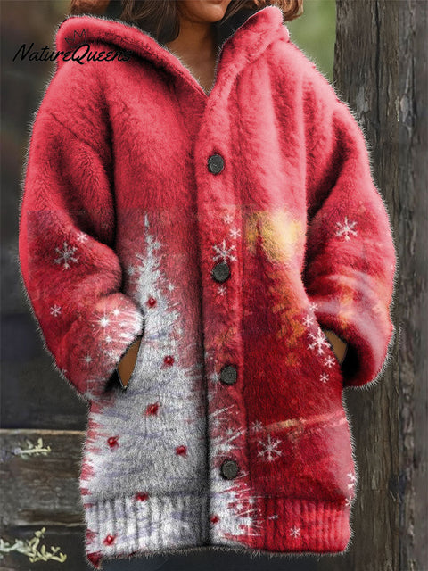 Women's Retro Christmas Tree Snowflake Pattern Art Print Casual Plush Warm Coat