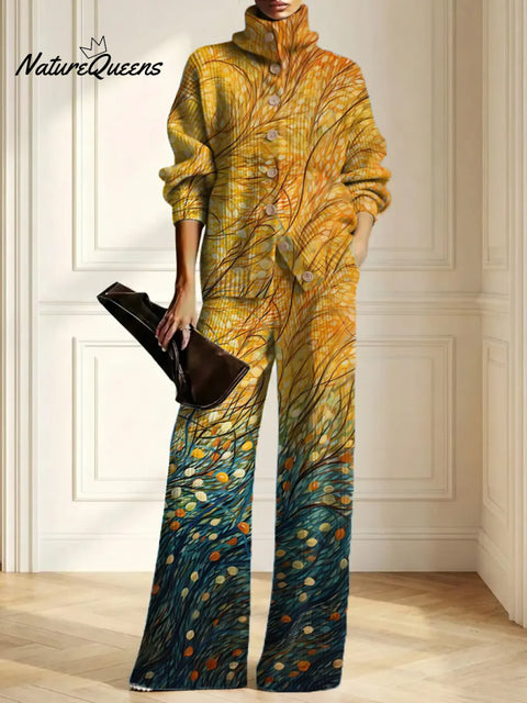 Women's Abstract Pattern Art Print Casual Cotton Knitted Suits