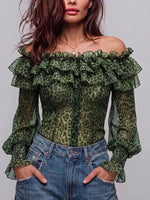 Stylish Off-shoulder Leopard Print Ruffled Blouse