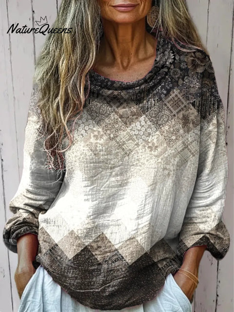 Women's Retro Gradient Geometry Art Print Cotton Casual   Shirt