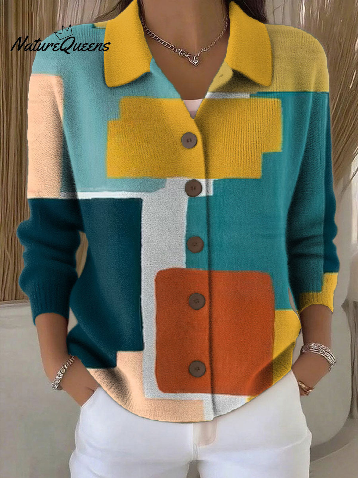 Women's Retro Patchwork Geometric Abstract Pattern Art Print Cowl Neck Sweater