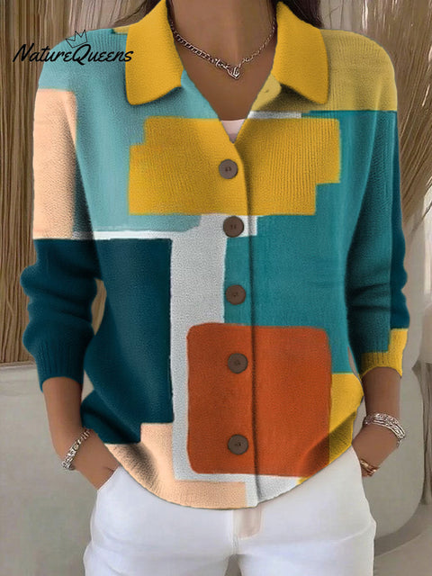 Women's Retro Patchwork Geometric Abstract Pattern Art Print Cowl Neck Sweater