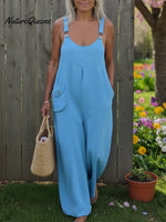 Cozy Solid Color Loose Wide-leg Linen Overalls Jumpsuit