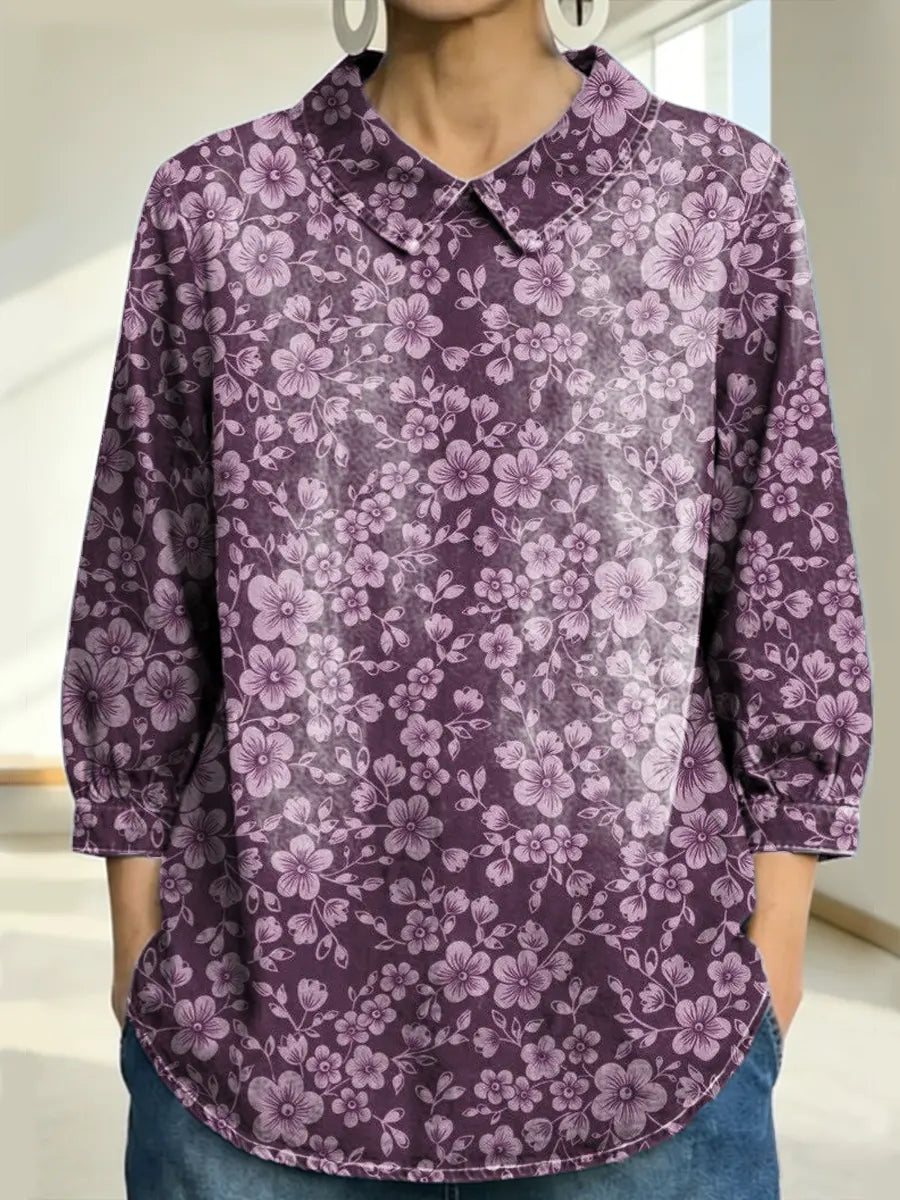 Women's Floral Pattern Art Print Casual Denim 3/4 Sleeve Shirt
