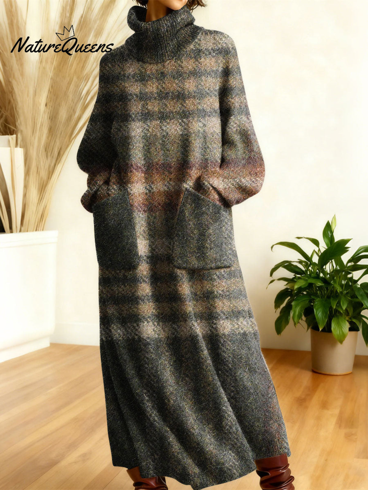 Women's Retro Colors And Plaid Patterns Art High-neck Long-sleeve Casual Loose Knit Dress