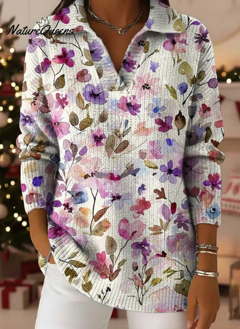 Floral Art Print Lapel Casual Knit Sweater