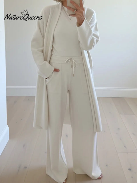 Cozy Casual Travel Knit Cardigan And Pants Three-piece Set