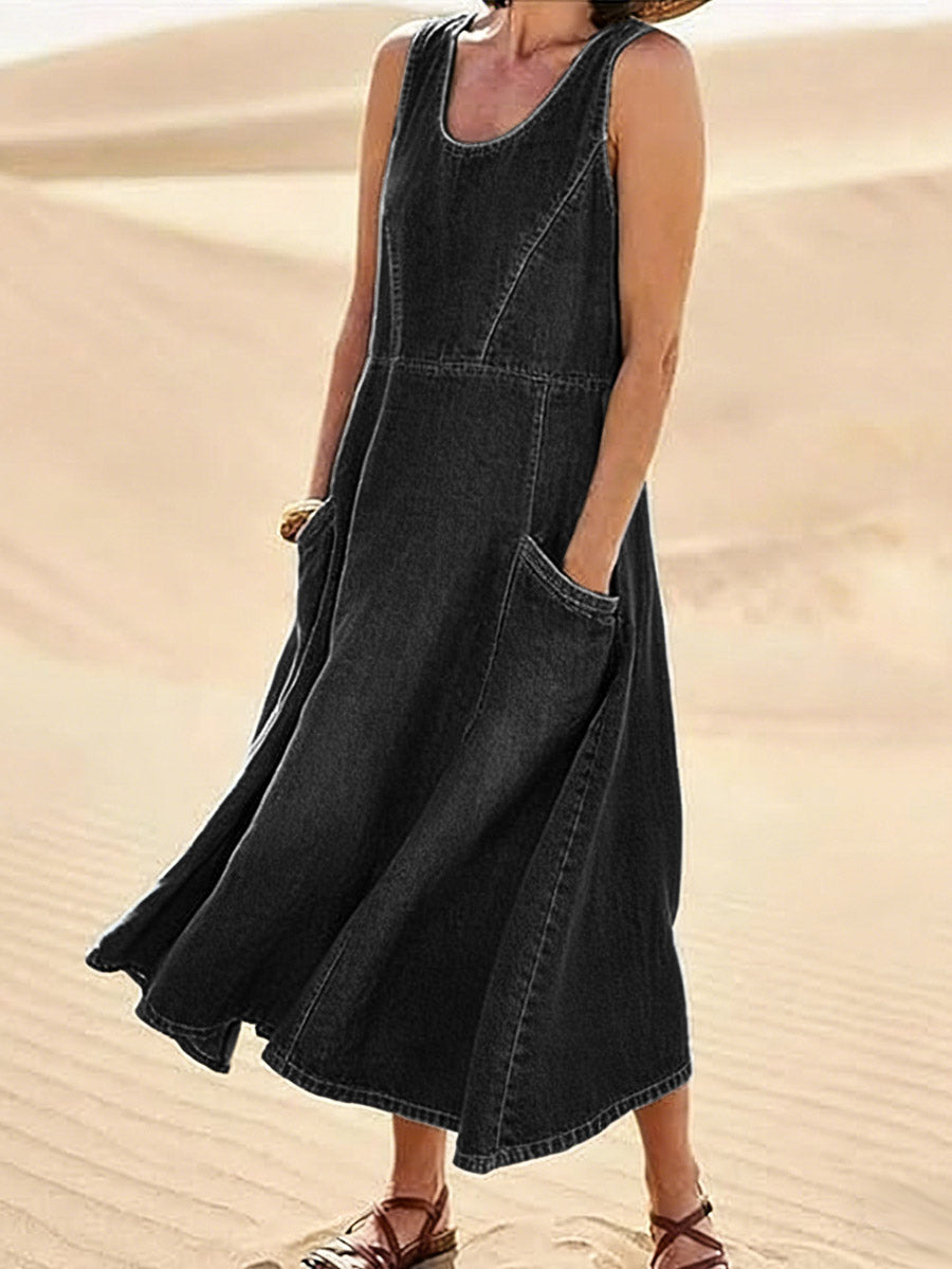 Women's Round Neck Sleeveless Casual Loose Denim Vest Dress