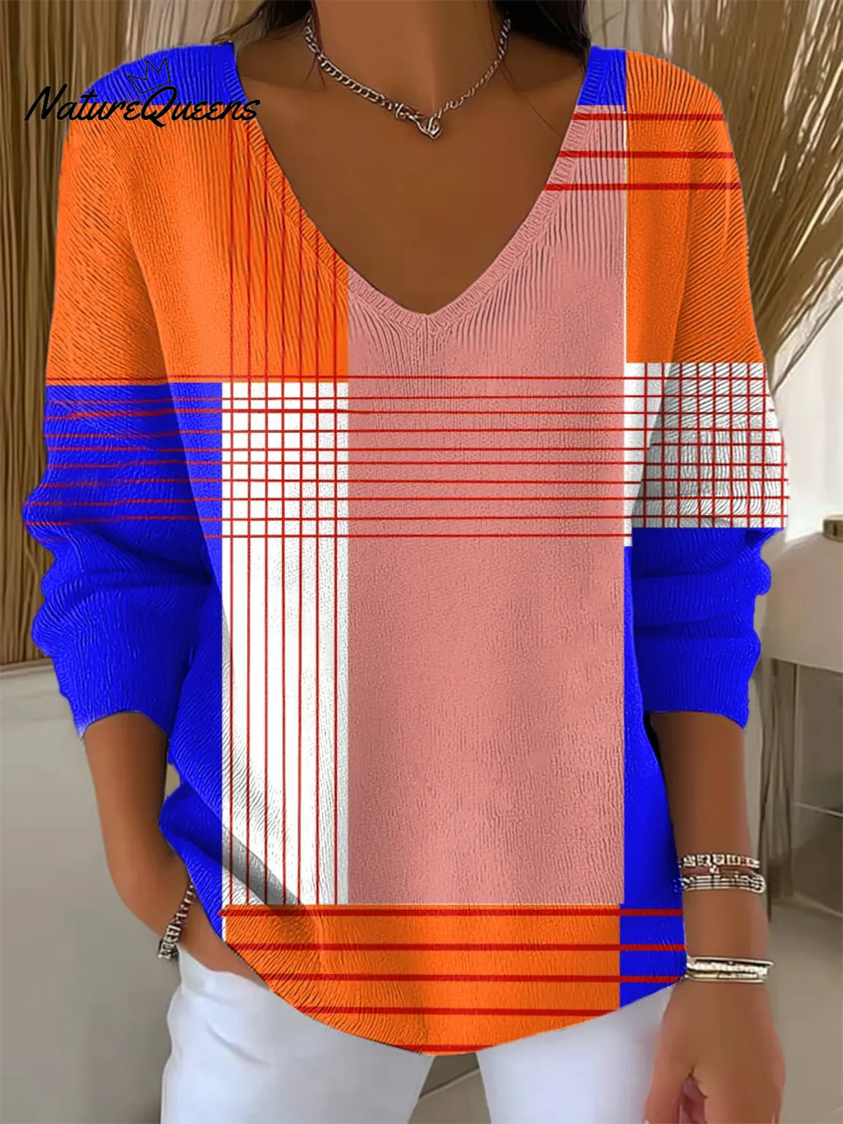 Women's Vintage Abstract GeometryArt Print Casual Pullover Sweater