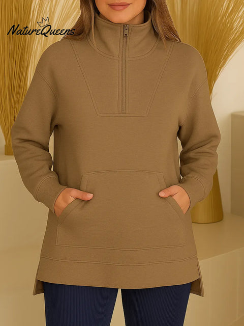 Women's Solid Color High-Neck Long-Sleeve Casual Loose Pocket Top