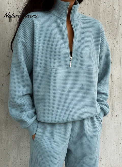 Casual Travel Stand-up Collar Zip-up Waffle Sweatshirt And Pants Set