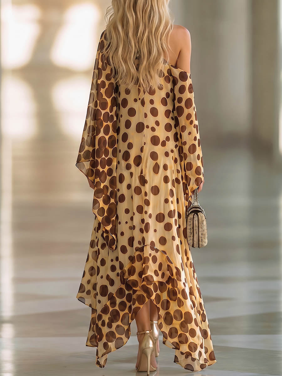 Women's Polka-dot Print Off-shoulder Long-sleeve Loose Casual Chiffon Dress