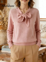 Women's Solid Color V-neck Bow Tie Long Sleeve Casual Loose Knit Sweater