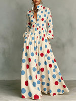 Colorful Polka-dot Stand-collar Single-breasted Long Shirt Dress