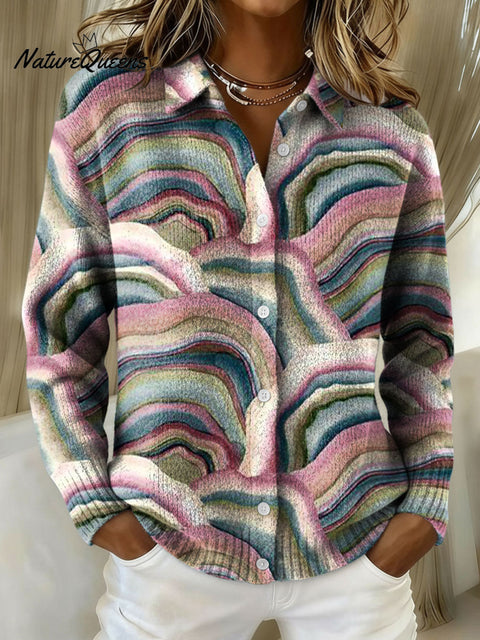 Women's Retro Geometric Abstract Stripe Pattern Art Print Cowl Neck Sweater
