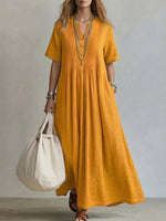 Women's V-neck Short-sleeve Casual Loose Pleated Cotton-linen Dress