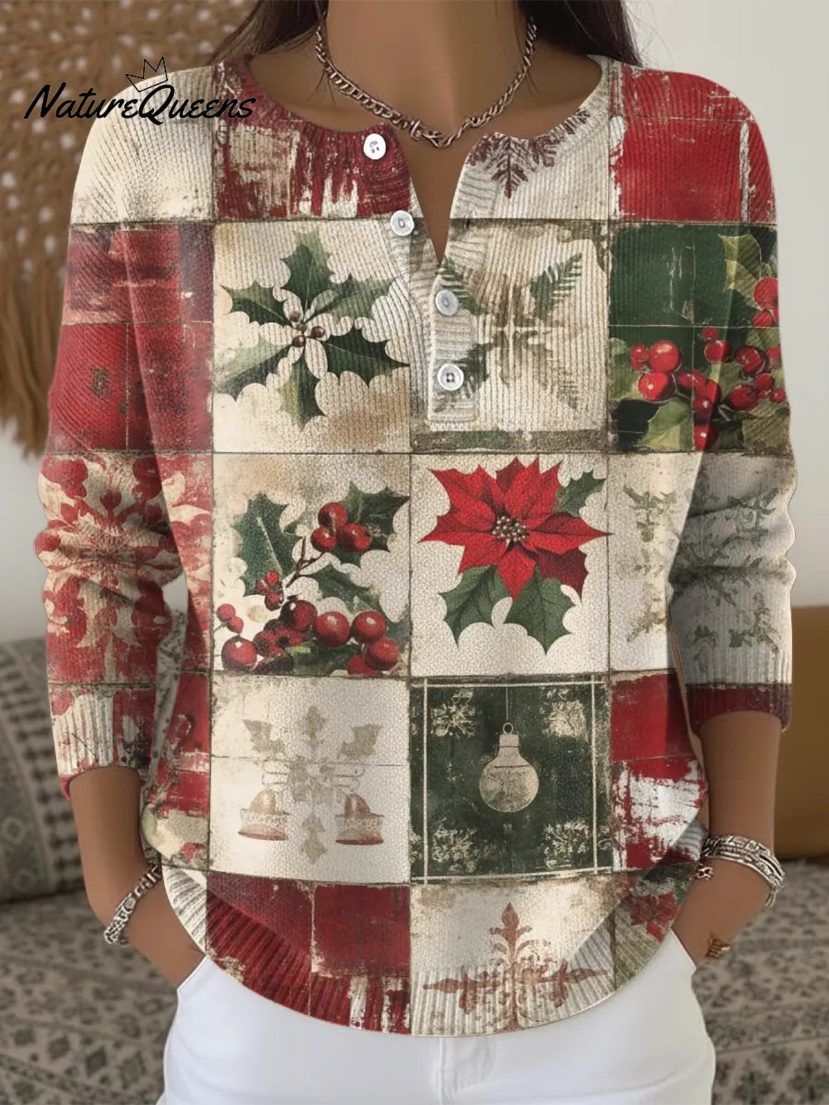Women's Vintage Christmas Plaid Casual Printed Sweater