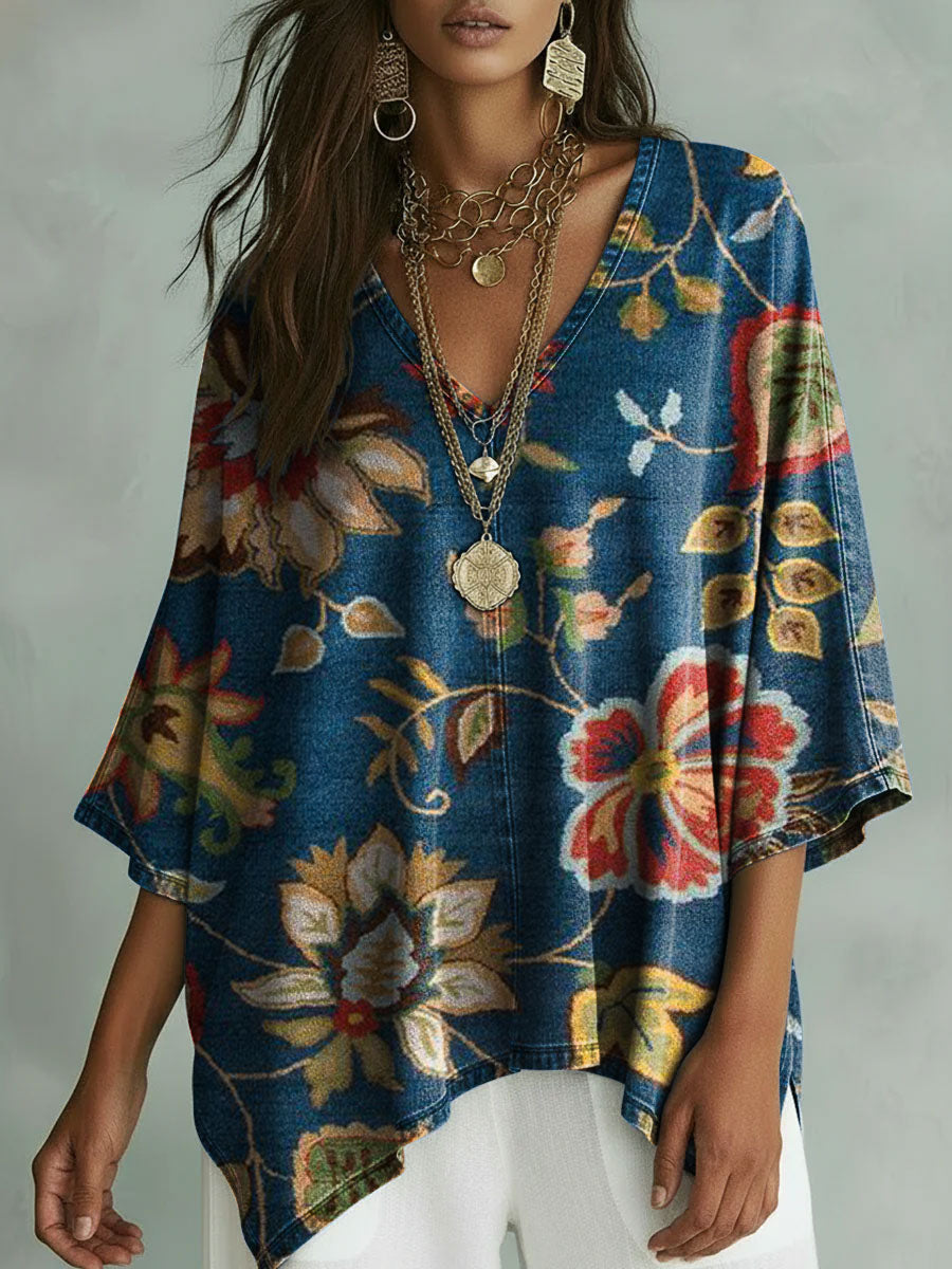 Women's Floral Pattern Art Print V-neck Loose Shirt