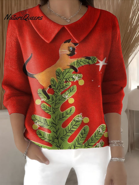 Women's Christmas Cat Trees Lights Patterns Casual Peter Pan Collar 3/4 Sleeve Sweater