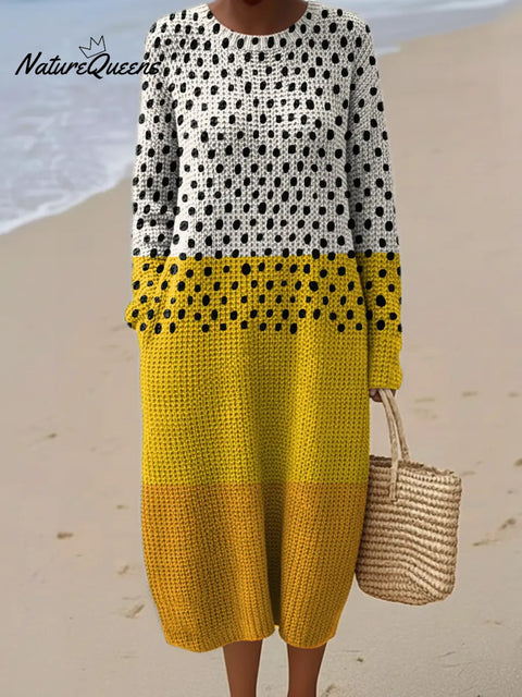 Yellow Geometric Patchwork Dots Printed Round Neck Knit Dress