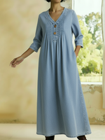 Casual V-neck Pleated Button-down Denim Dress