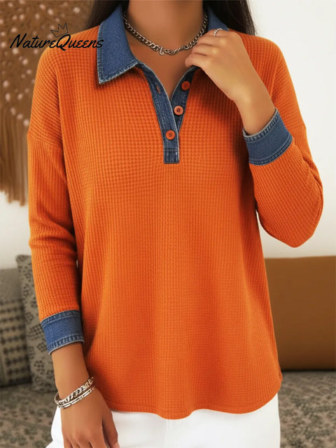 Casual Denim Paneled Polo Collar Button-down Waffle Top