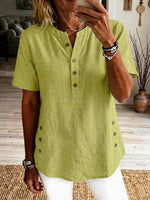 Women's V-neck Short-sleeve Casual Loose Cotton-linen Top