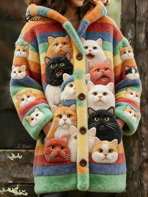 Women's Funny Cats Pattern Art Print Casual Fleece Coat