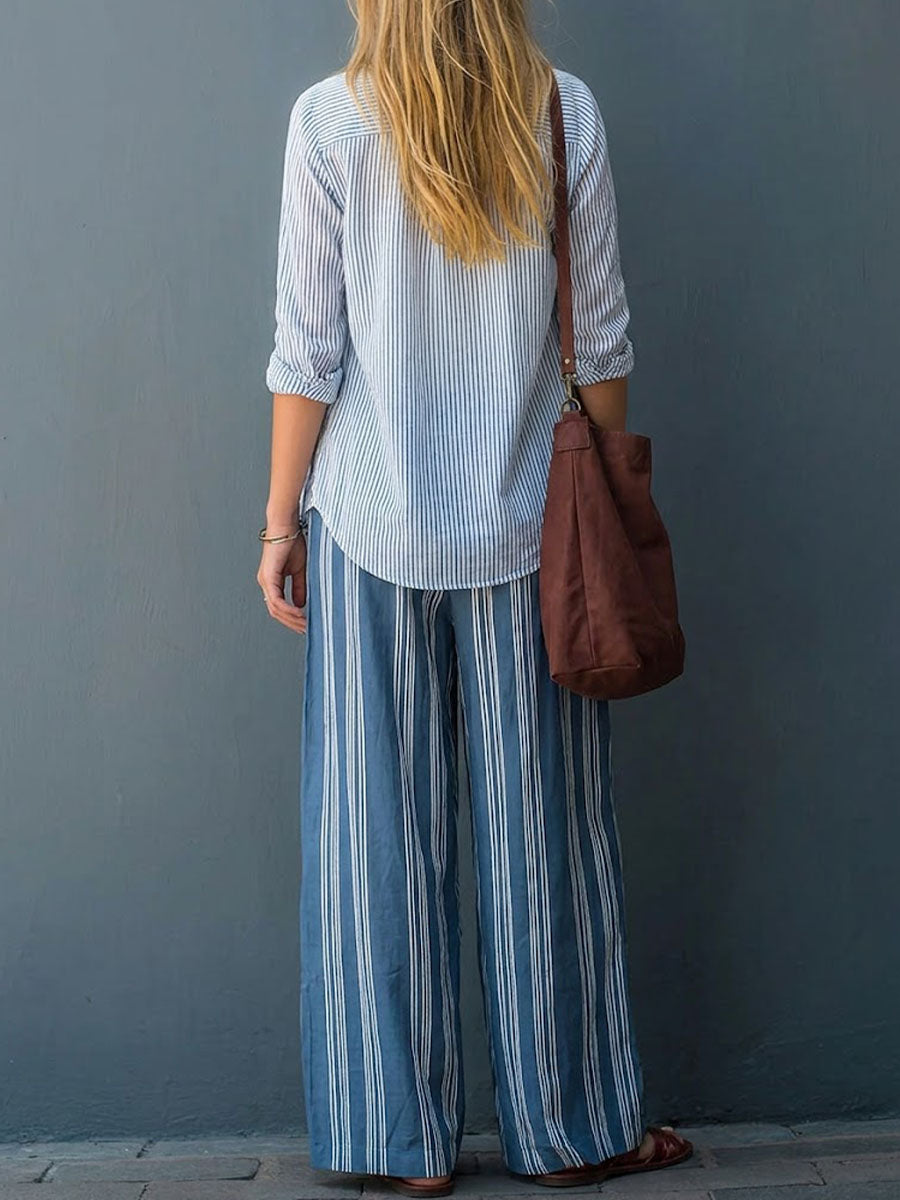 Women's Striped Print Cotton-linen Set: Casual Loose Long-sleeve Cardigan With Lapels & High-waisted Wide-leg Pants