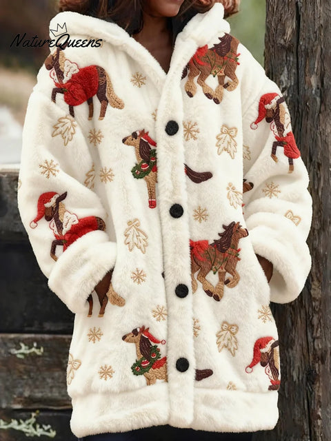 Women's Funny Horse Pattern Art Print Casual Fleece Coat
