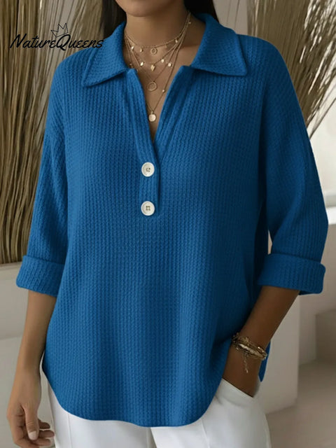 Classic Polo V-neck Button-down Waffle Sweater Top