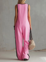 Women's Round Neck Sleeveless Casual Loose-fitting Cotton Wide-leg Jumpsuit