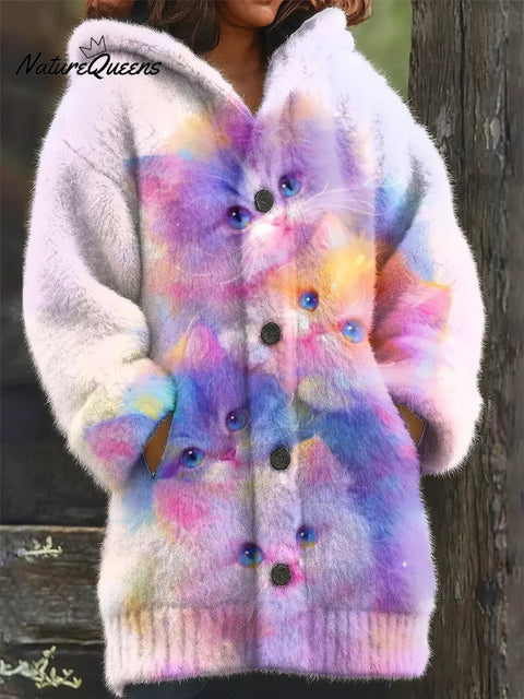 Women's Funny Cats Pattern Art Print Casual Fleece Coat