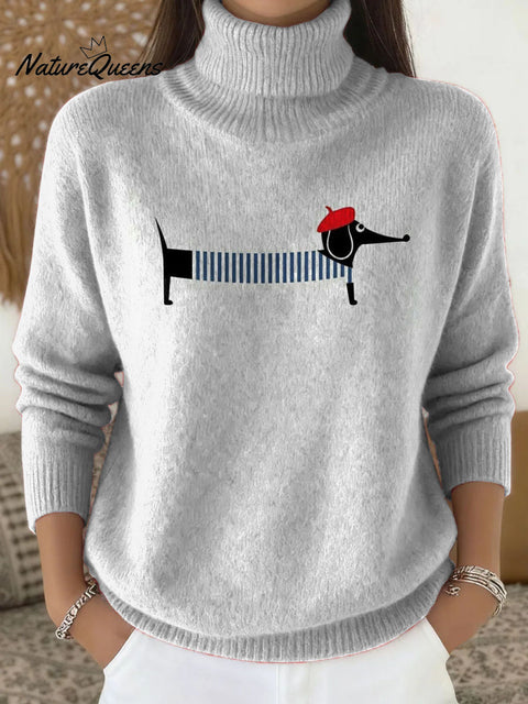 French-dressed dachshund decorative pattern Casual High Stretch Long Sleeve Sweater