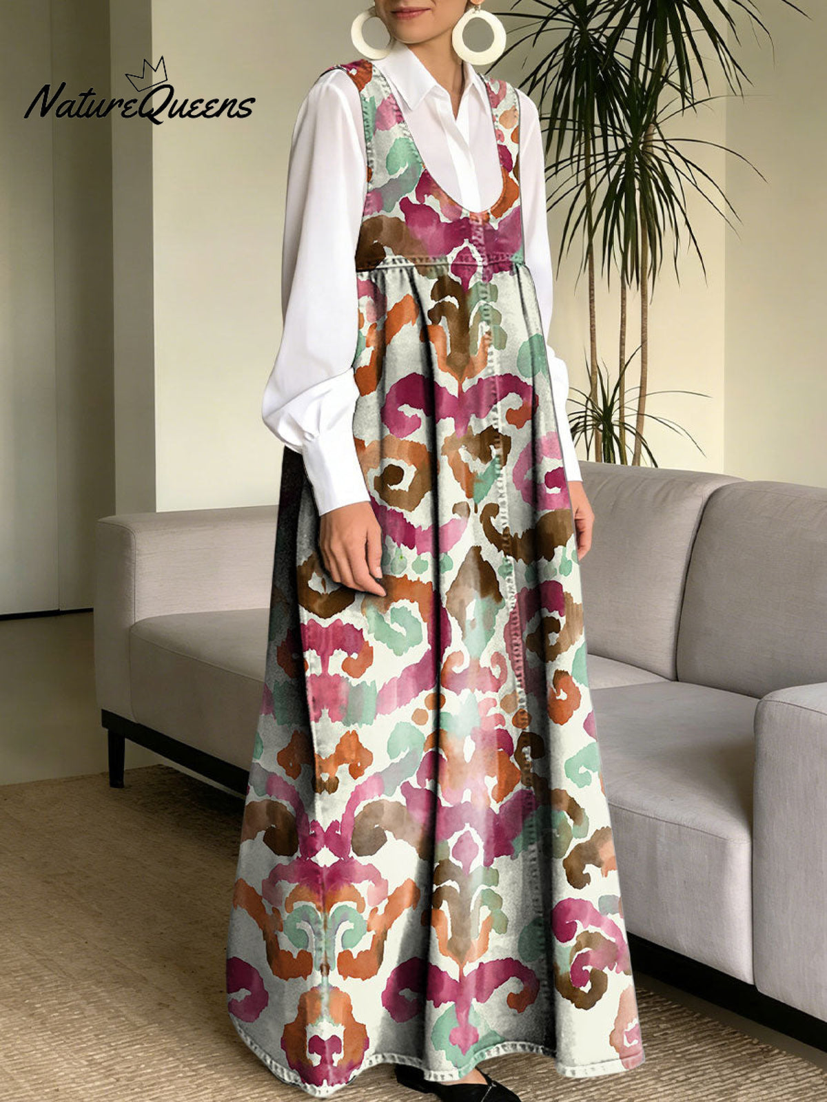 Women's Retro Colorful Pattern Art Print Casual Cotton Denim Dress