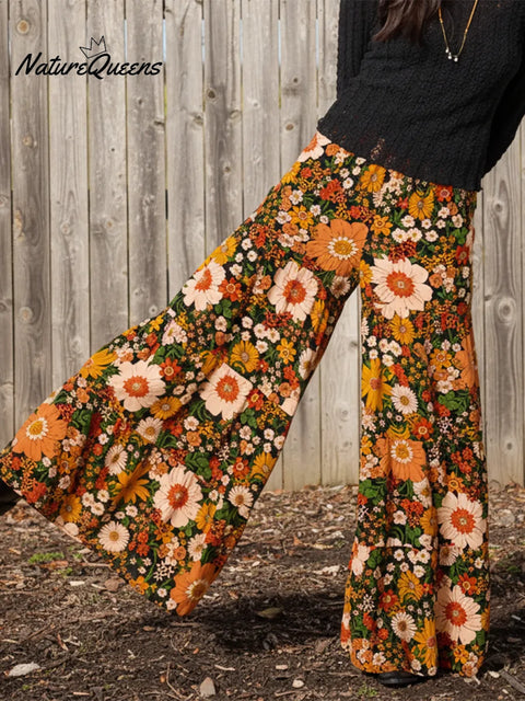 Boho Stretch Daisy Print Wide-leg Pants